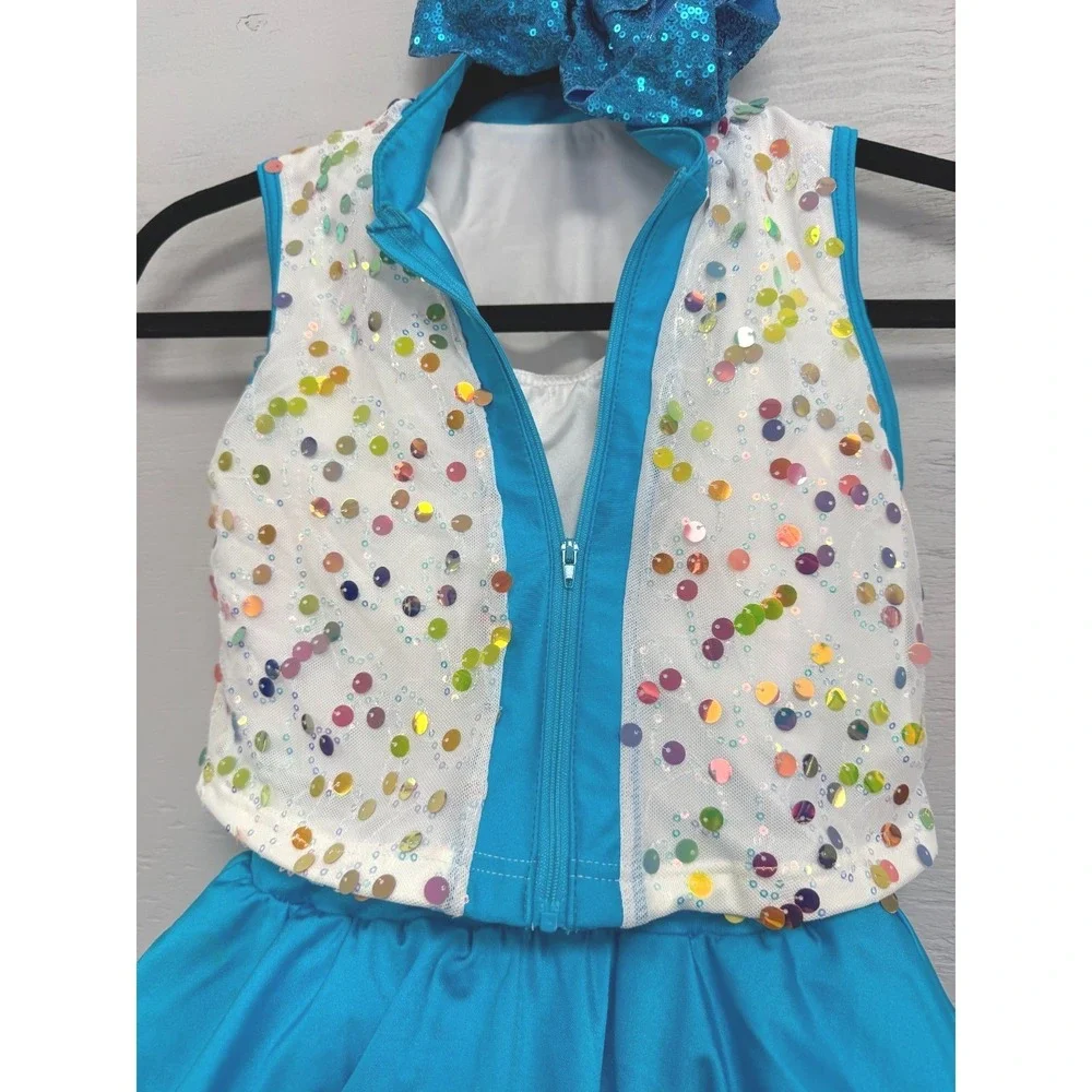 Weissman Kids Blue Sequin Dance Costume‎ Set Vest Skirt Leotard Bow MC RN64830